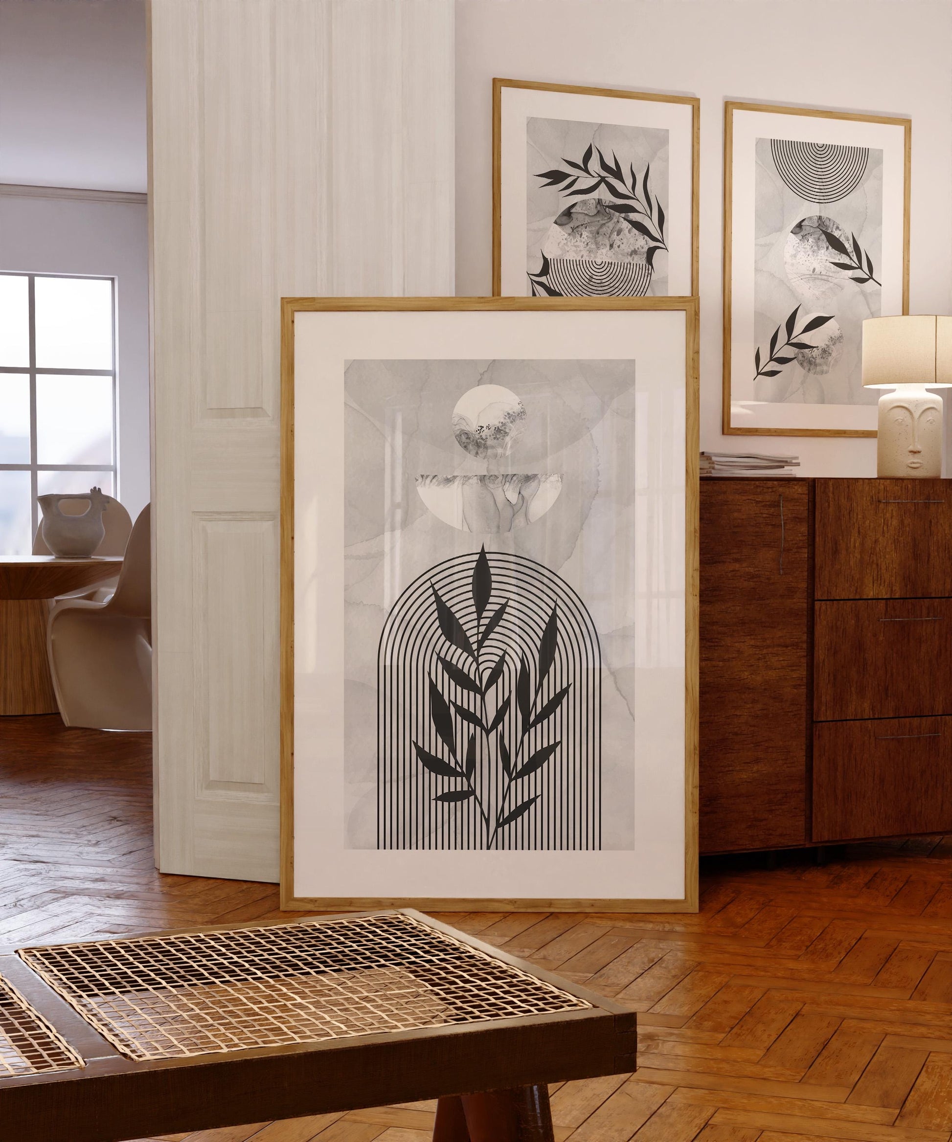 Japandi Wall Art Set of 3 – Abstract Botanical and Arch Prints | Neutral Line Art Posters for Bedroom or Living Room, Minimal Boho Decor B31