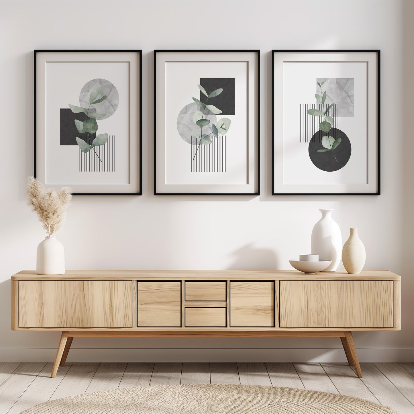 Minimal Botanical Wall Art Set of 3, Modern Eucalyptus Prints, Japandi Home Decor, Neutral Abstract Line Posters for Living Room Bedroom B32