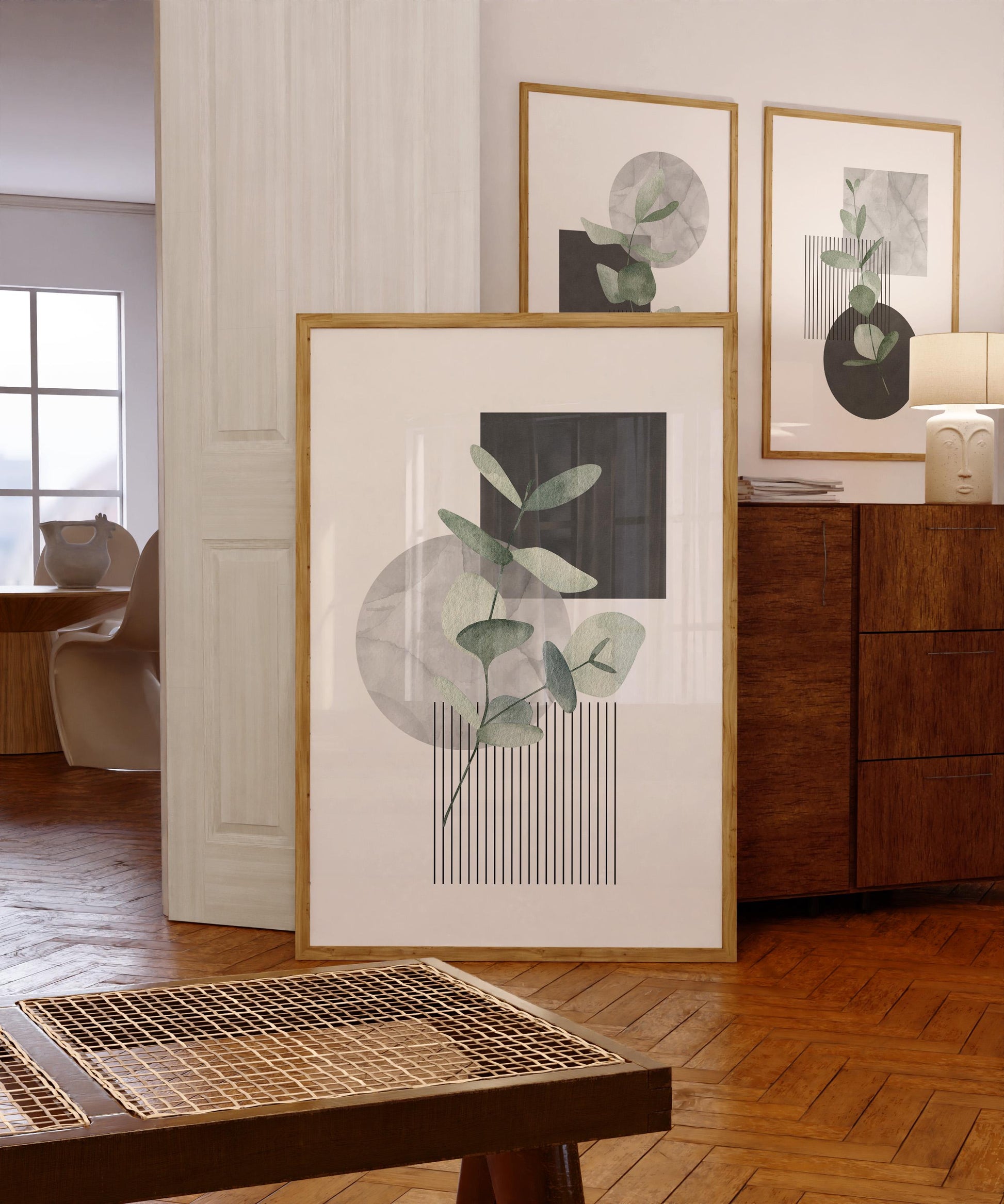 Minimal Botanical Wall Art Set of 3, Modern Eucalyptus Prints, Japandi Home Decor, Neutral Abstract Line Posters for Living Room Bedroom B32