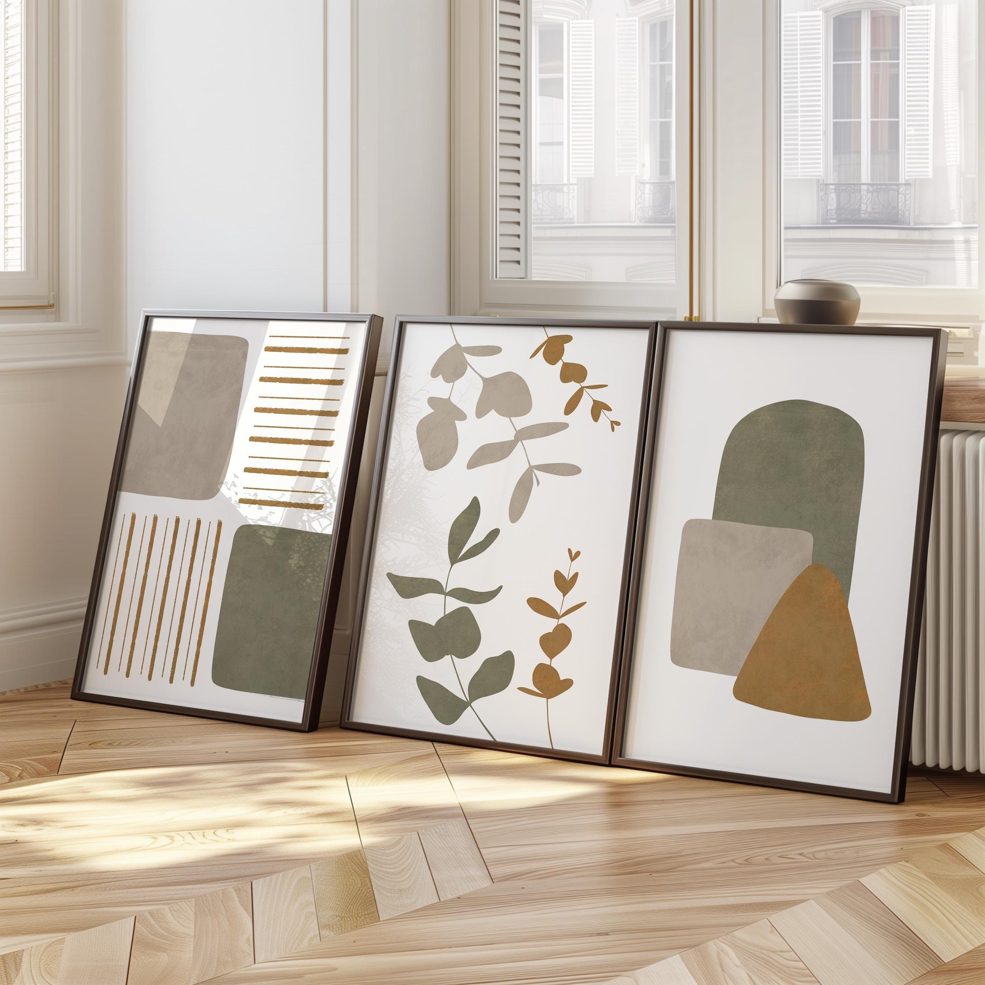 Boho Abstract Wall Art Set of 3 – Neutral Botanical Prints – Earthy Japandi Decor – Minimalist Geometric Posters – Modern Home Print B34