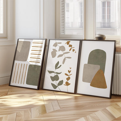 Boho Abstract Wall Art Set of 3 – Neutral Botanical Prints – Earthy Japandi Decor – Minimalist Geometric Posters – Modern Home Print B34