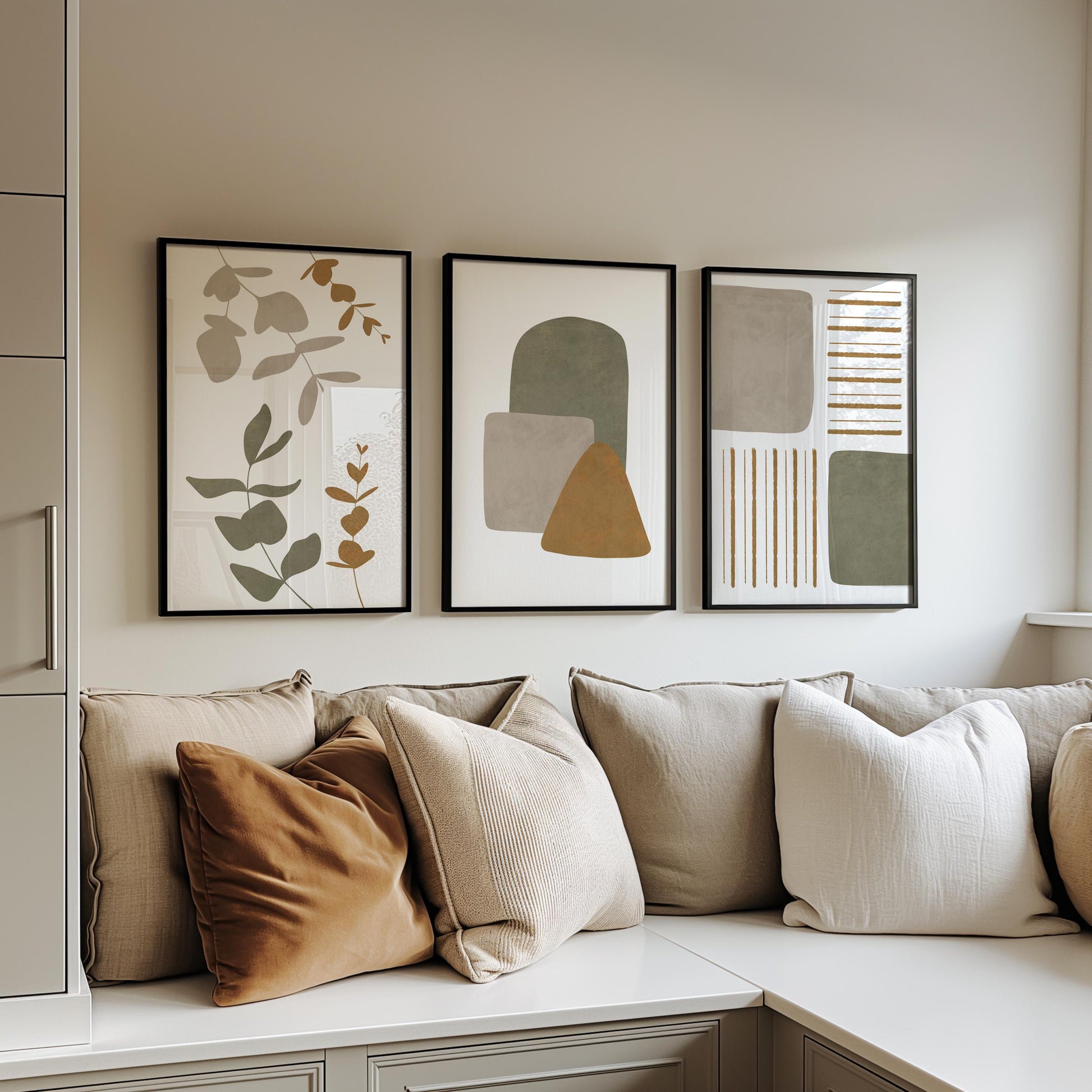 Boho Abstract Wall Art Set of 3 – Neutral Botanical Prints – Earthy Japandi Decor – Minimalist Geometric Posters – Modern Home Print B34