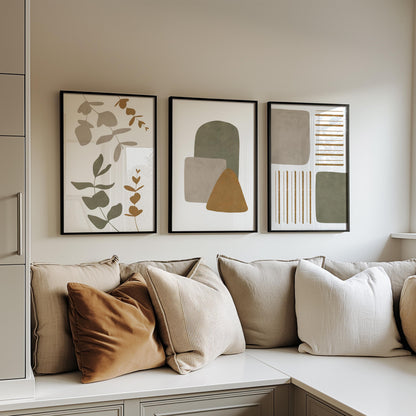 Boho Abstract Wall Art Set of 3 – Neutral Botanical Prints – Earthy Japandi Decor – Minimalist Geometric Posters – Modern Home Print B34