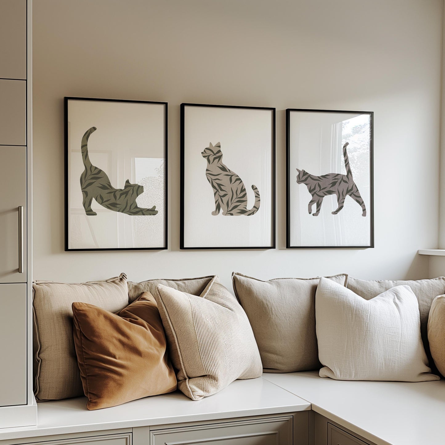 Boho Cat Wall Art Set of 3 – Minimalist Botanical Cat Prints – Neutral Animal Decor for Living Room, Bedroom, Pet Lovers B35