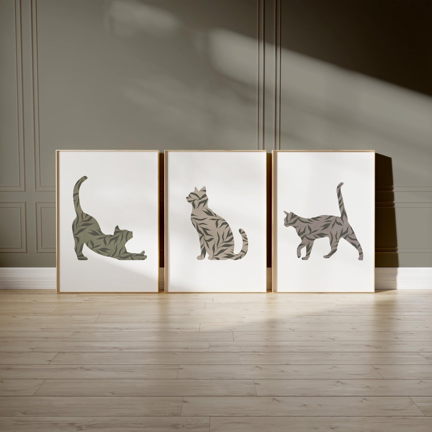 Boho Cat Wall Art Set of 3 – Minimalist Botanical Cat Prints – Neutral Animal Decor for Living Room, Bedroom, Pet Lovers B35
