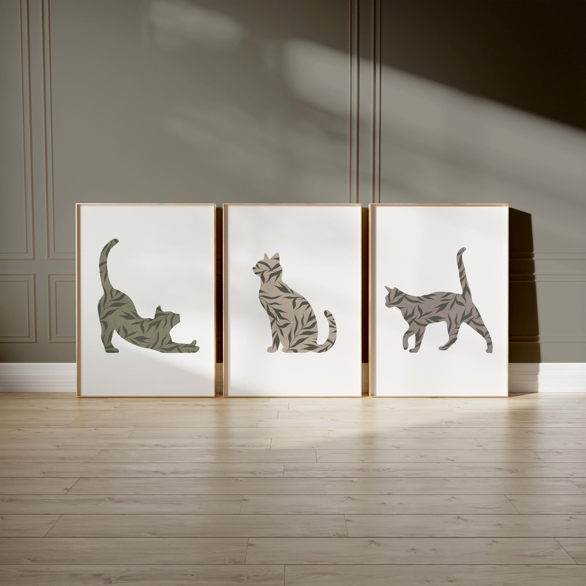 Boho Cat Wall Art Set of 3 – Minimalist Botanical Cat Prints – Neutral Animal Decor for Living Room, Bedroom, Pet Lovers B35