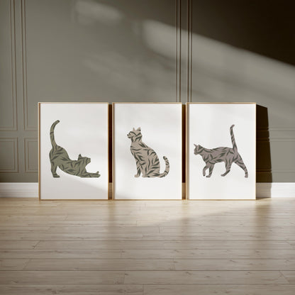 Boho Cat Wall Art Set of 3 – Minimalist Botanical Cat Prints – Neutral Animal Decor for Living Room, Bedroom, Pet Lovers B35