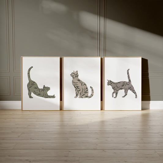 Boho Cat Wall Art Set of 3 – Minimalist Botanical Cat Prints – Neutral Animal Decor for Living Room, Bedroom, Pet Lovers B35