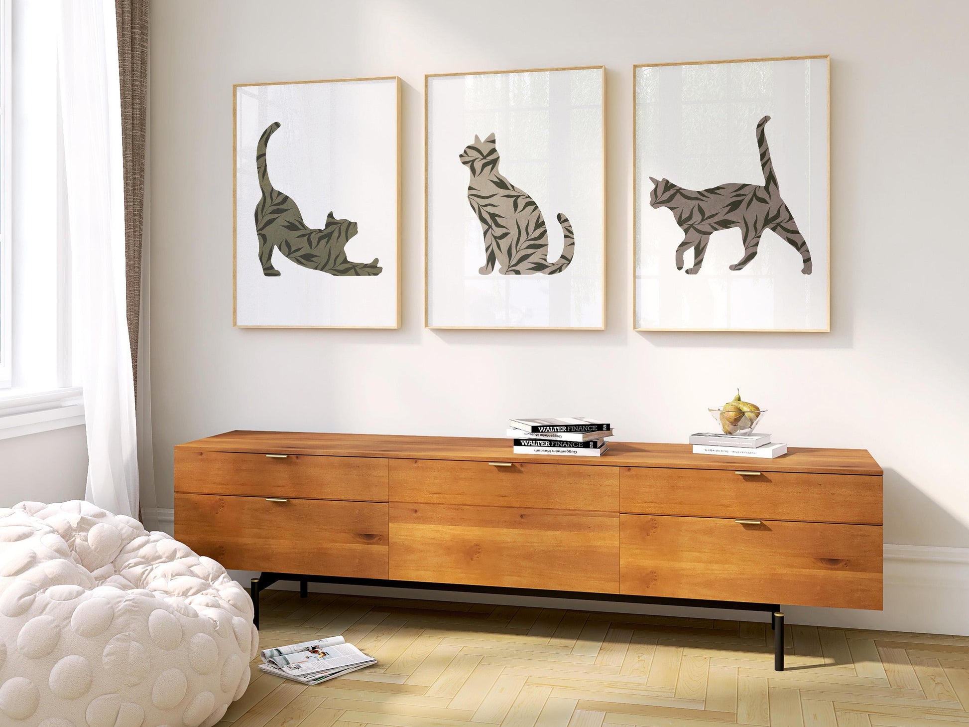 Boho Cat Wall Art Set of 3 – Minimalist Botanical Cat Prints – Neutral Animal Decor for Living Room, Bedroom, Pet Lovers B35