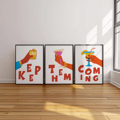 Cocktail Art Print Set – "Keep Them Coming" Bar Decor Trio (D129)