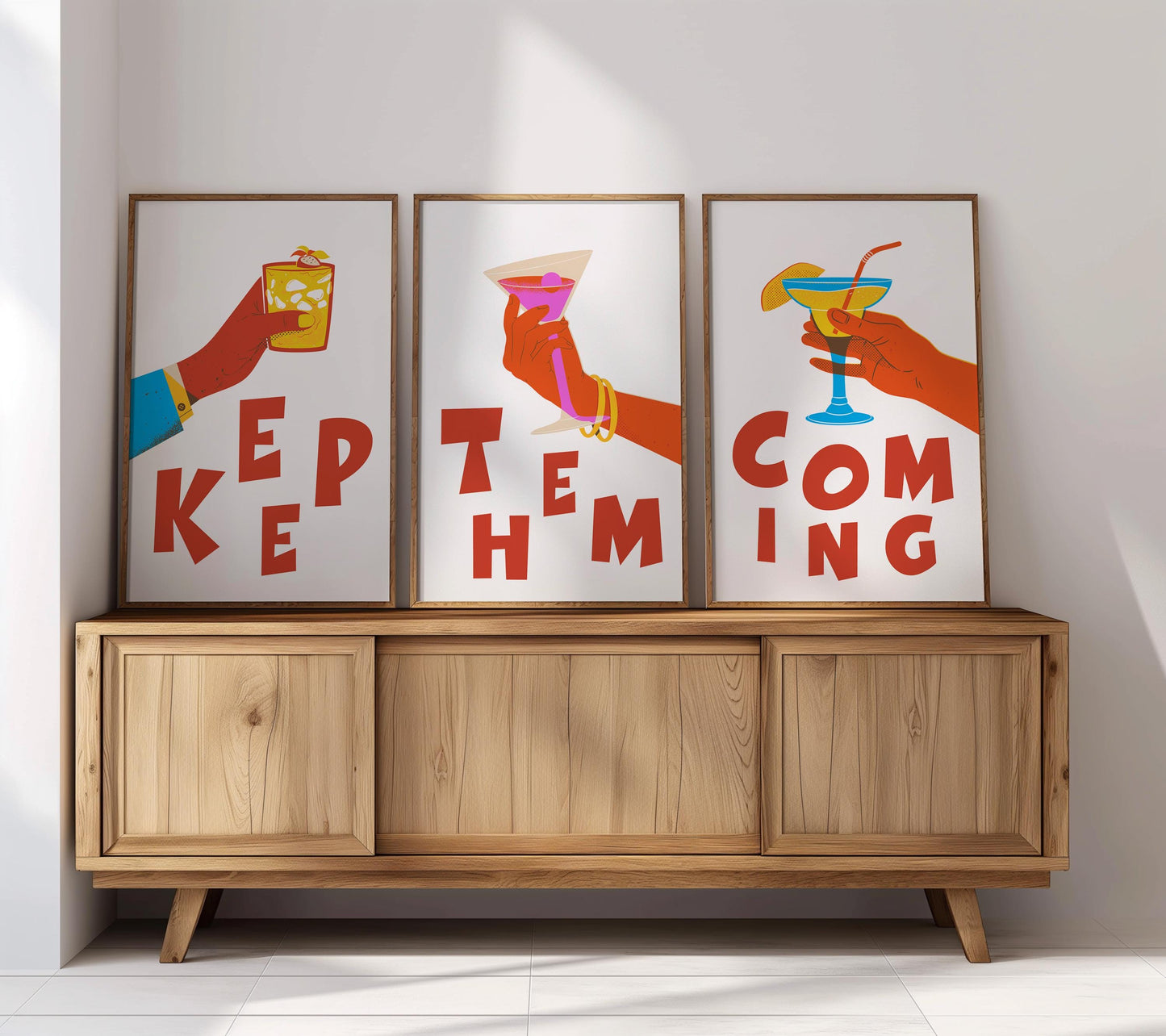 Cocktail Art Print Set – "Keep Them Coming" Bar Decor Trio (D129)