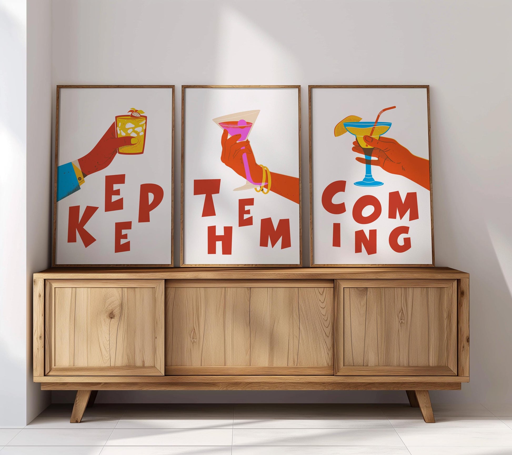 Cocktail Art Print Set – "Keep Them Coming" Bar Decor Trio (D129)