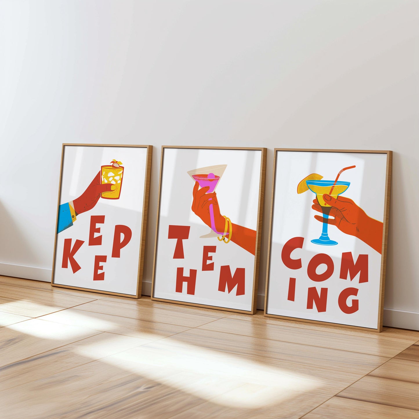 Cocktail Art Print Set – "Keep Them Coming" Bar Decor Trio (D129)