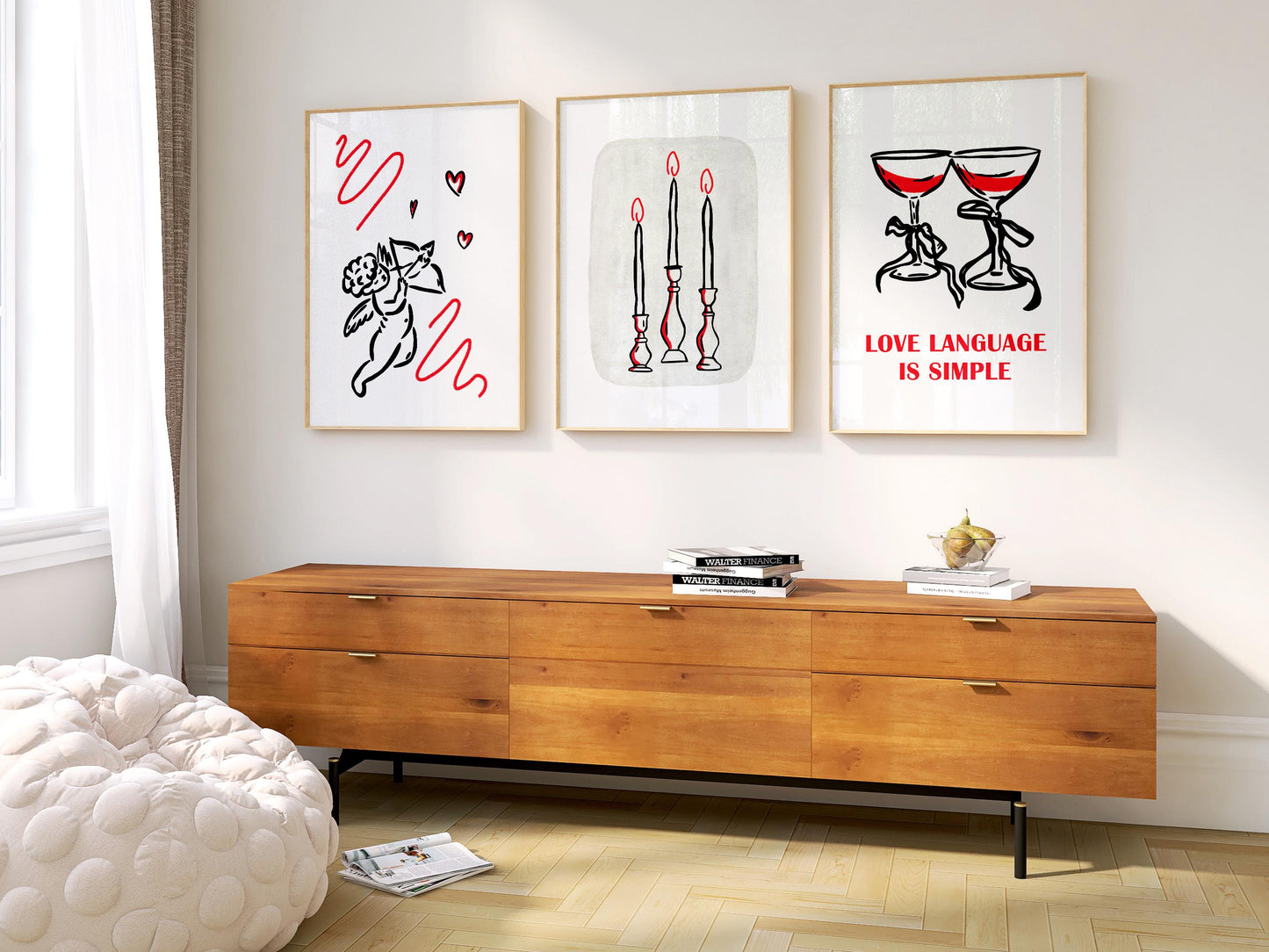 Romantic Line Art Print Set – Cupid, Candles, Wine (Shipped Print) D130