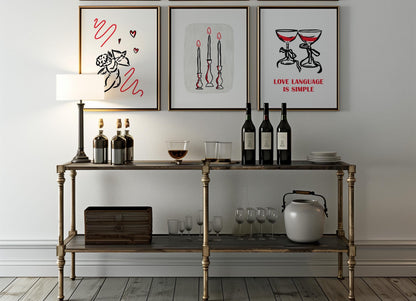 Romantic Line Art Print Set – Cupid, Candles, Wine (Shipped Print) D130