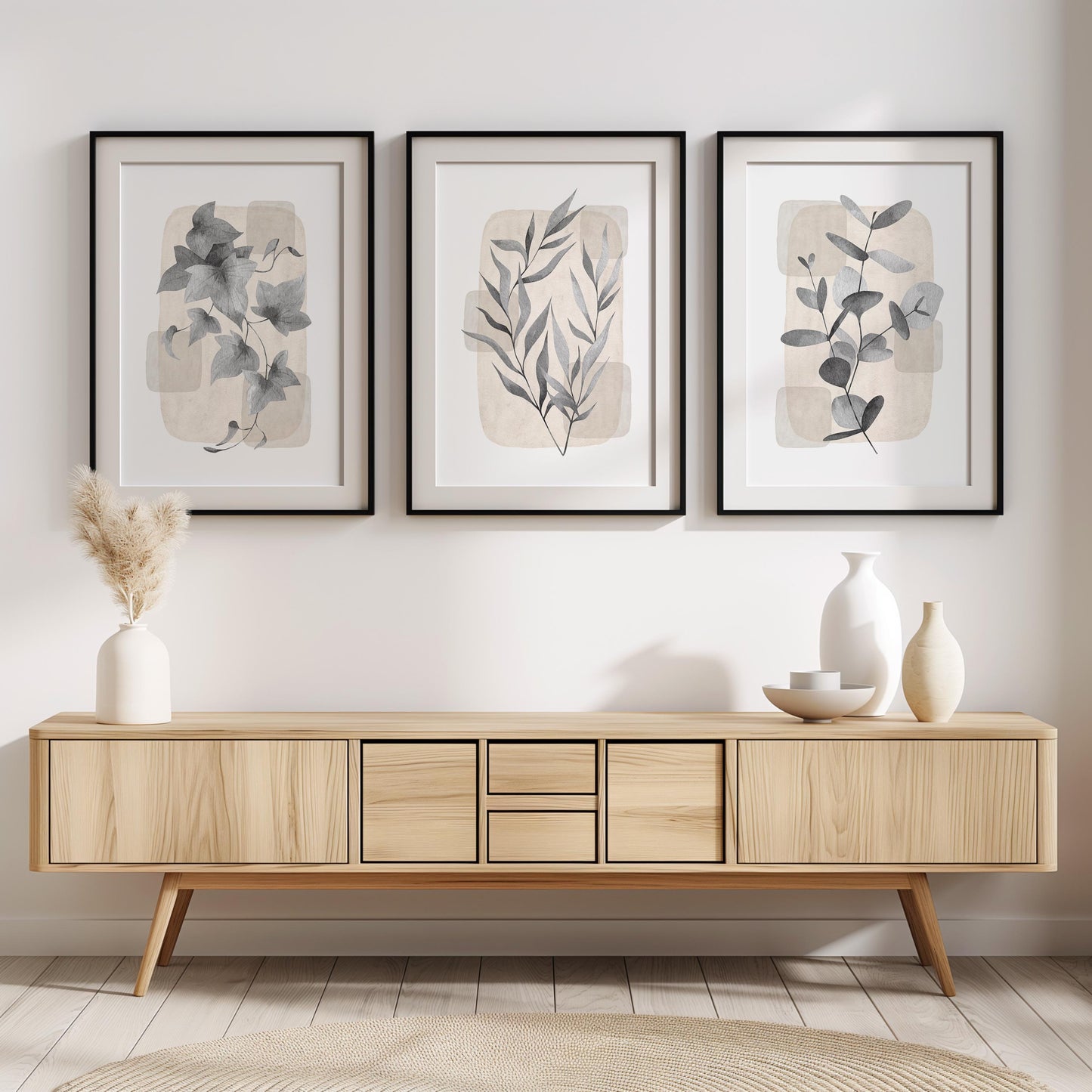Boho Wall Art Prints, Set of 3, Botanical Wall Poster, Boho Abstract Print, Geometric Wall Decor, Floral Wall Decor, Minimal Gray Beige B28