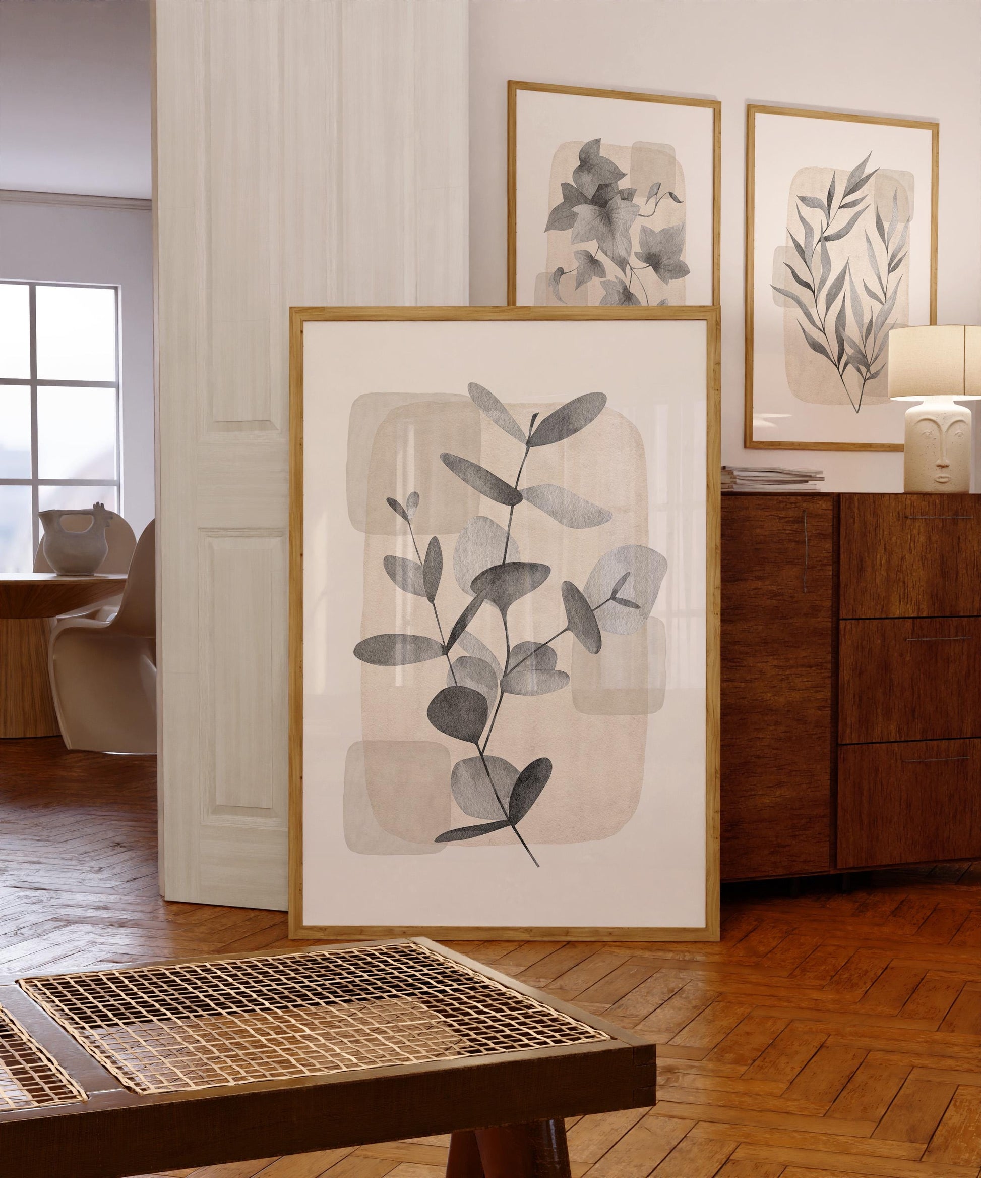 Boho Wall Art Prints, Set of 3, Botanical Wall Poster, Boho Abstract Print, Geometric Wall Decor, Floral Wall Decor, Minimal Gray Beige B28