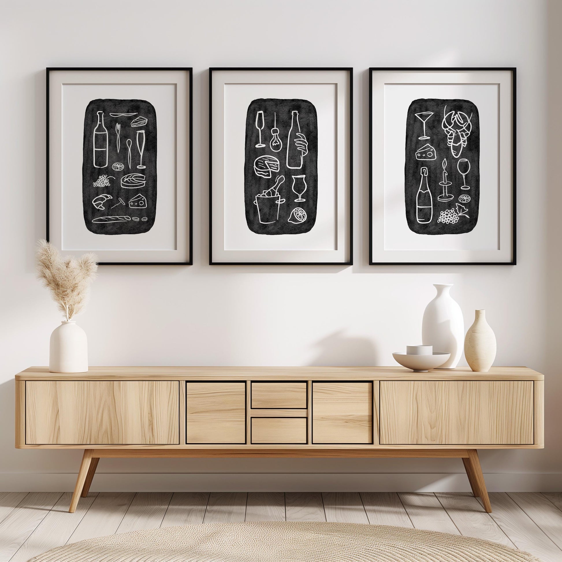 Minimalist Food & Wine Wall Art Set of 3 – Chalkboard Kitchen Prints, Dining Room Decor, Bar Poster, Modern Line Art, Black White Art D131