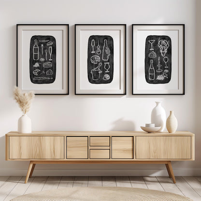 Minimalist Food & Wine Wall Art Set of 3 – Chalkboard Kitchen Prints, Dining Room Decor, Bar Poster, Modern Line Art, Black White Art D131