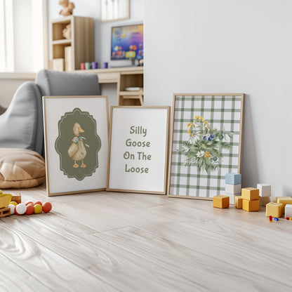 Vintage Farmhouse Goose Nursery Print, Plaid Floral Wall Art N234