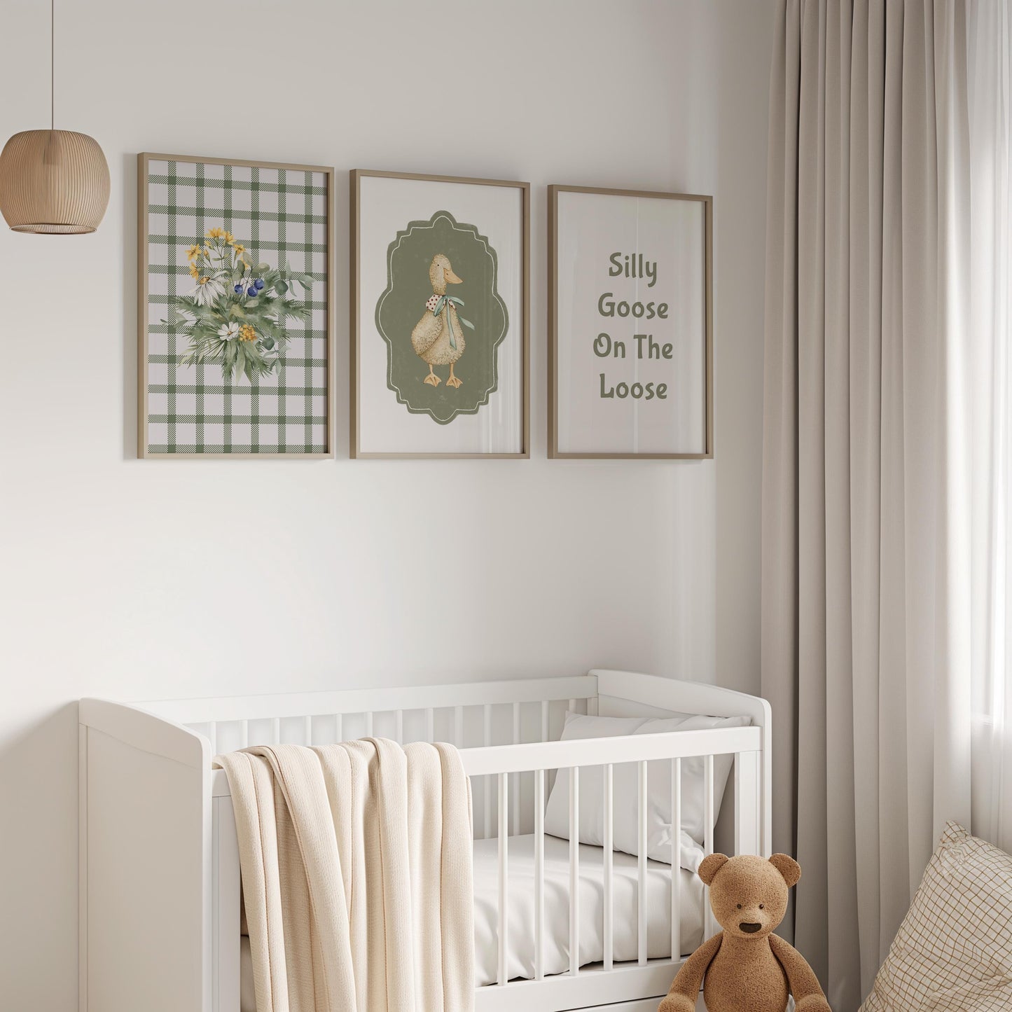 Vintage Farmhouse Goose Nursery Print, Plaid Floral Wall Art N234