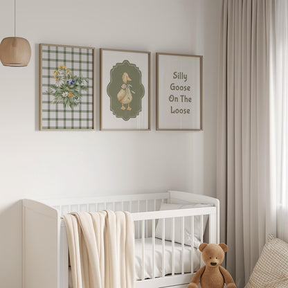 Vintage Farmhouse Goose Nursery Print, Plaid Floral Wall Art N234