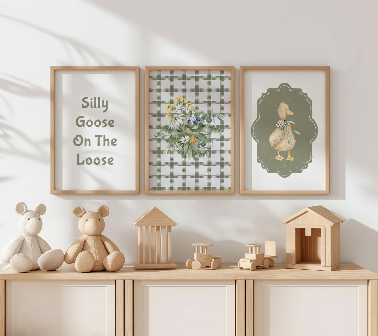 Vintage Farmhouse Goose Nursery Print, Plaid Floral Wall Art N234