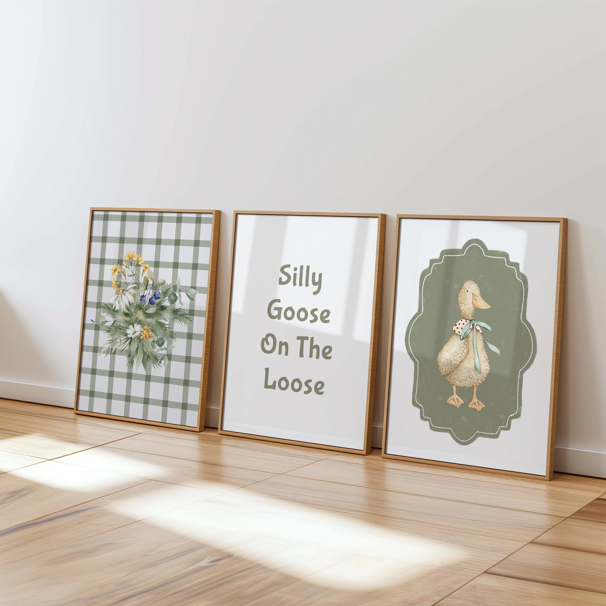 Vintage Farmhouse Goose Nursery Print, Plaid Floral Wall Art N234