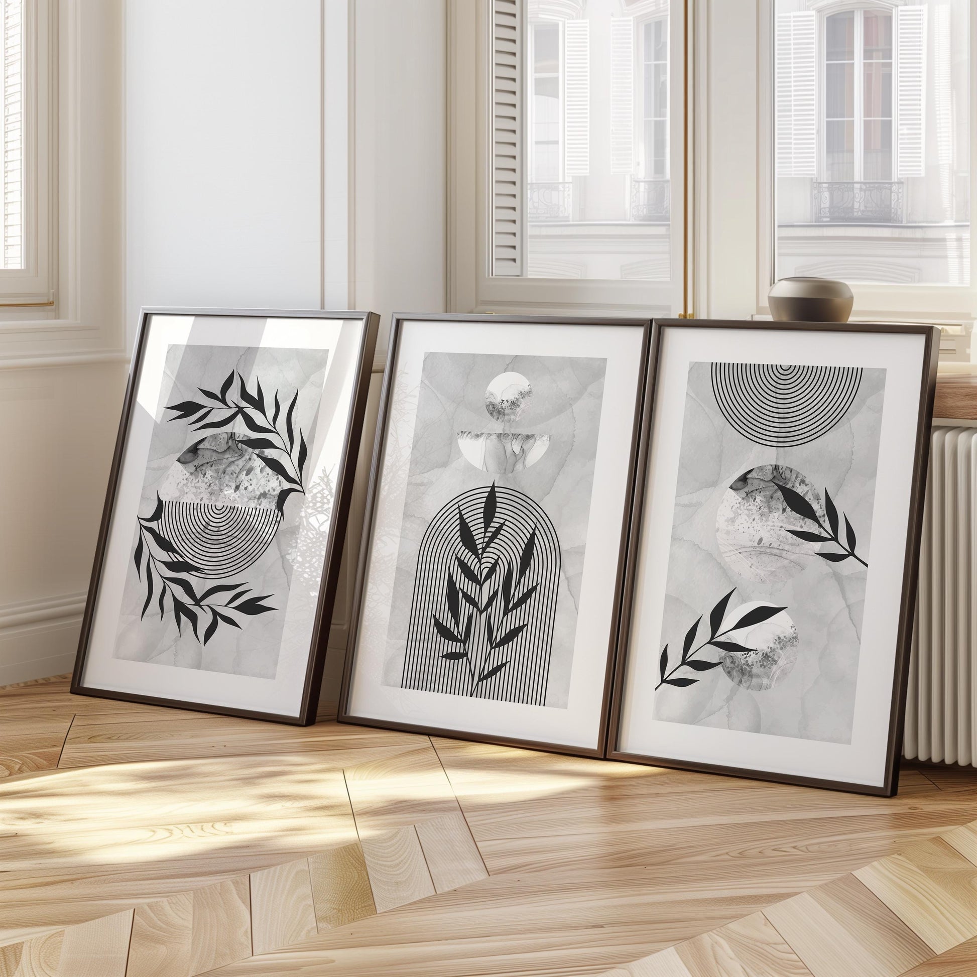 Japandi Wall Art Set of 3 – Abstract Botanical and Arch Prints | Neutral Line Art Posters for Bedroom or Living Room, Minimal Boho Decor B31
