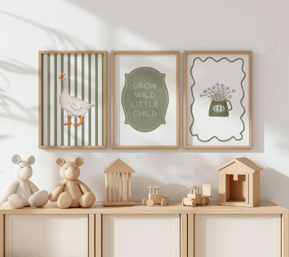 Goose Nursery Art Prints Set: Floral Teapot, Grow Wild Quote N235
