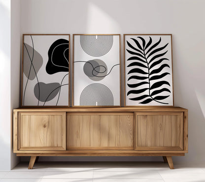Minimalist Black and White Wall Art Set of 3, Modern Abstract Line Art, Scandinavian Botanical Prints, Neutral Living Room Decor Poster B37