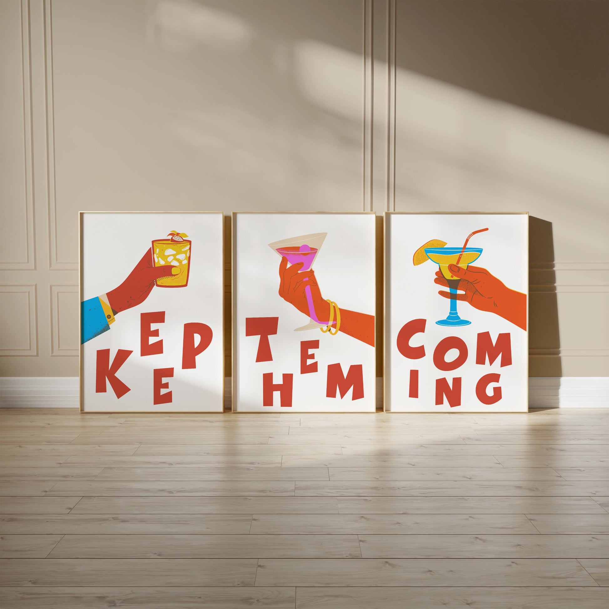 Cocktail Art Print Set – "Keep Them Coming" Bar Decor Trio (D129)