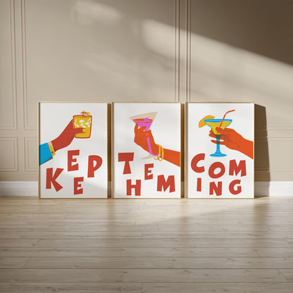 Cocktail Art Print Set – "Keep Them Coming" Bar Decor Trio (D129)