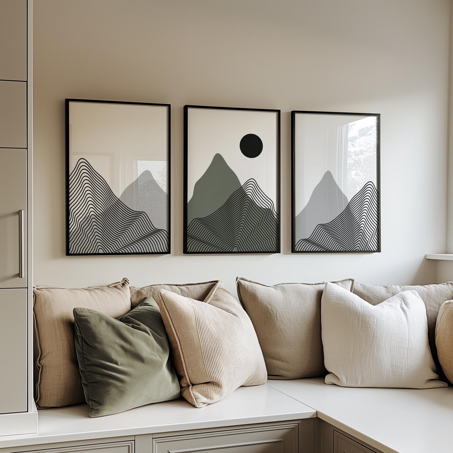 Minimalist Mountain Wall Art Set of 3 – Modern Black Line Art Landscape Prints – Abstract Scandinavian Nature Decor for Living Room B39