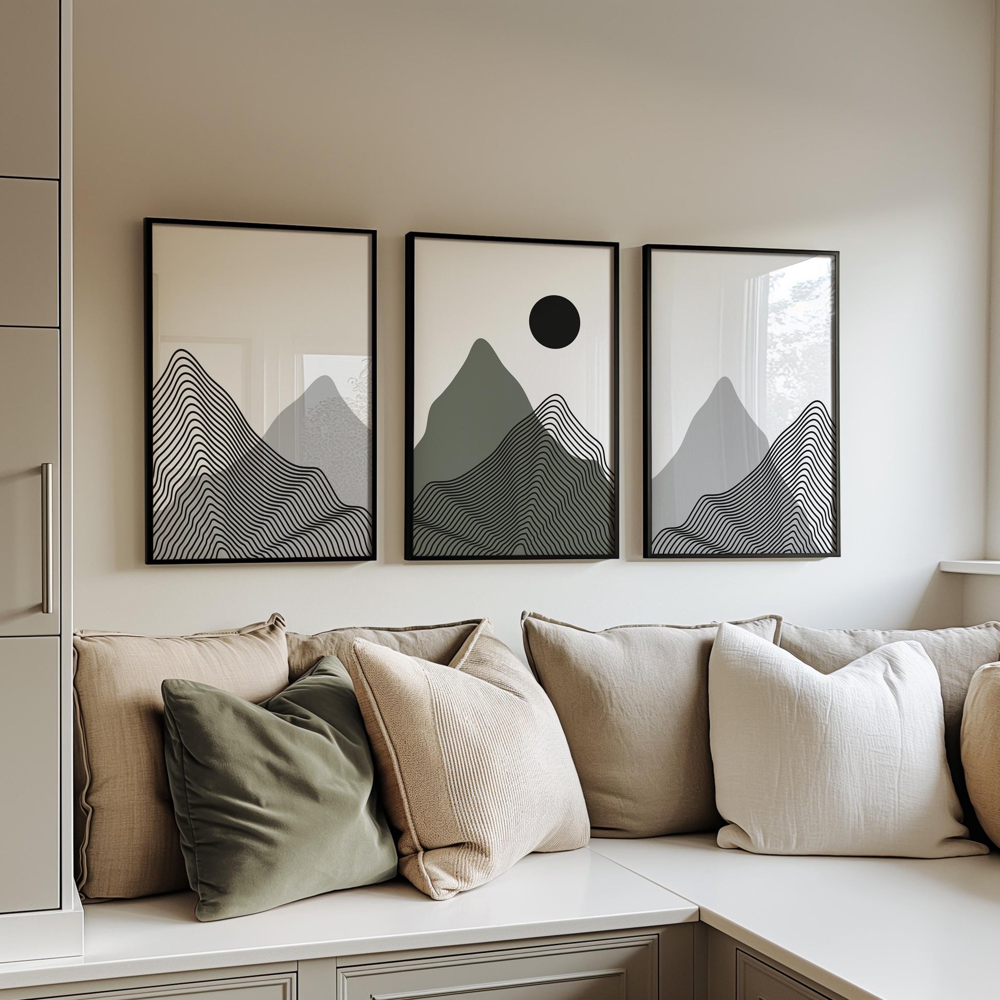 Minimalist Mountain Wall Art Set of 3 – Modern Black Line Art Landscape Prints – Abstract Scandinavian Nature Decor for Living Room B39