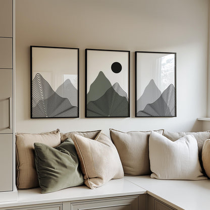 Minimalist Mountain Wall Art Set of 3 – Modern Black Line Art Landscape Prints – Abstract Scandinavian Nature Decor for Living Room B39