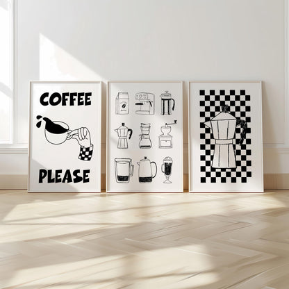 Black and White Coffee Art Print Set – Espresso & Moka Pot D134
