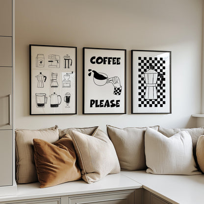 Black and White Coffee Art Print Set – Espresso & Moka Pot D134