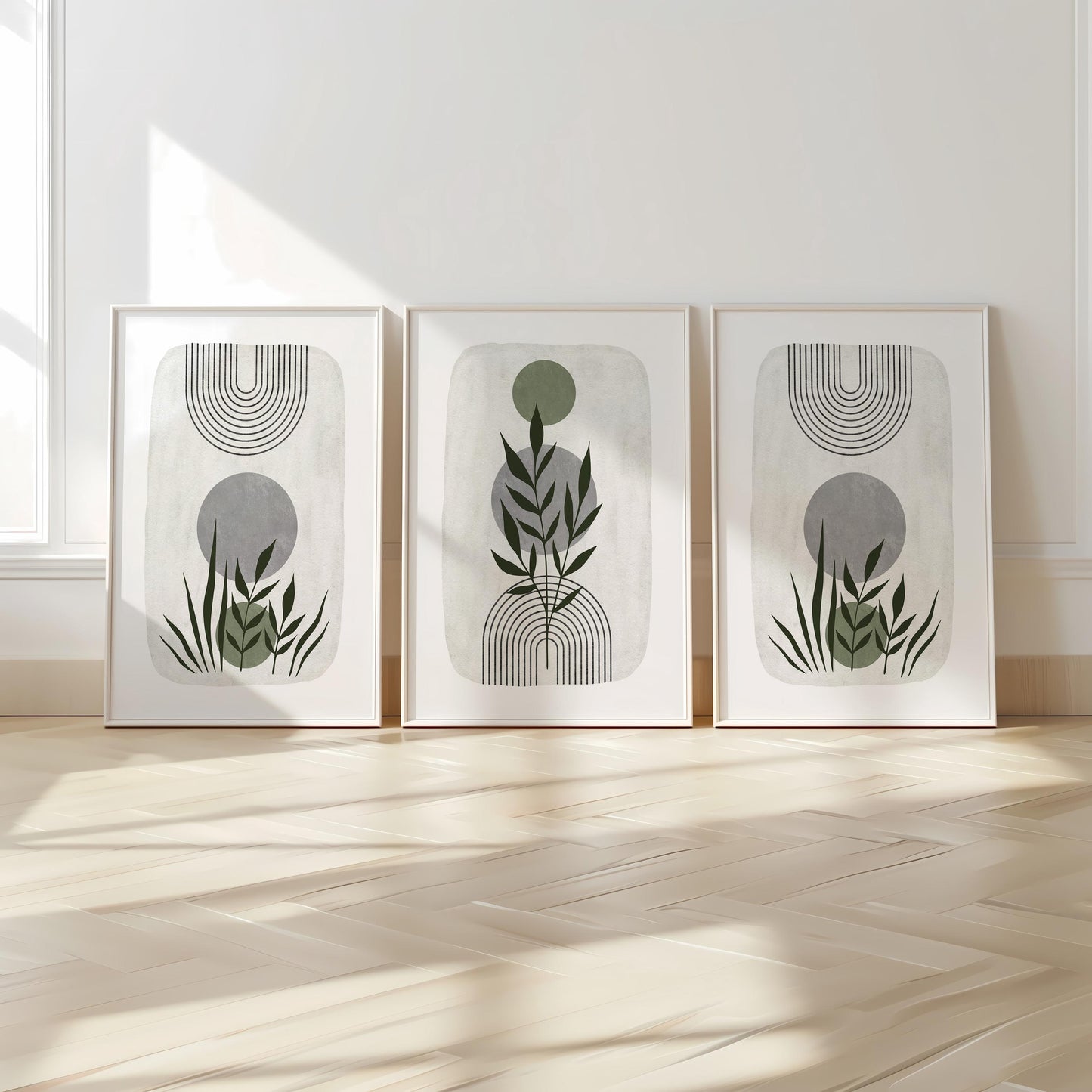 Boho Abstract Wall Prints, Sage Green Botanical Art (Set of 3)  B021