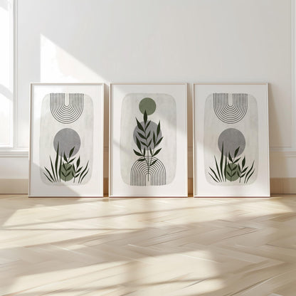 Boho Abstract Wall Prints, Sage Green Botanical Art (Set of 3)  B021
