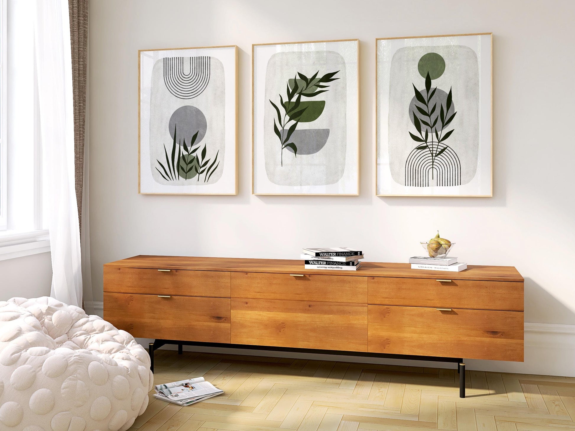 Boho Abstract Wall Prints, Sage Green Botanical Art (Set of 3)  B021