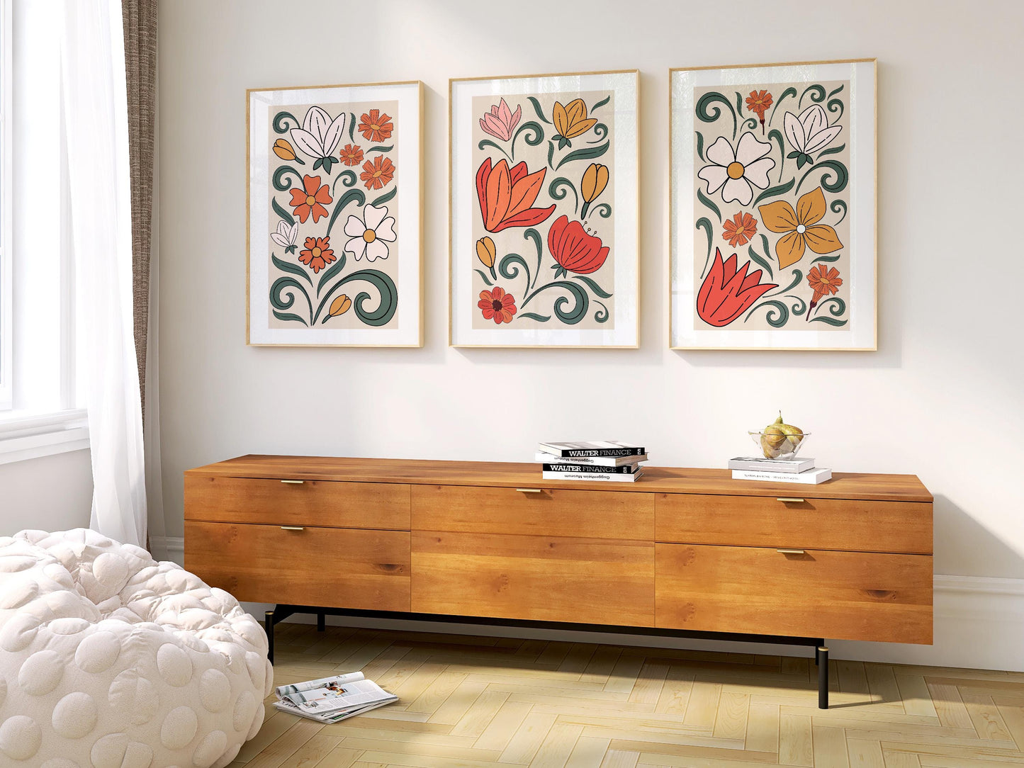 Set of 3 Boho Wall Prints, Boho Wall Art, Boho Home Decor, Retro Flower Poster, Vibrant Floral Poster, Beige, Mid-Century Style Art B019