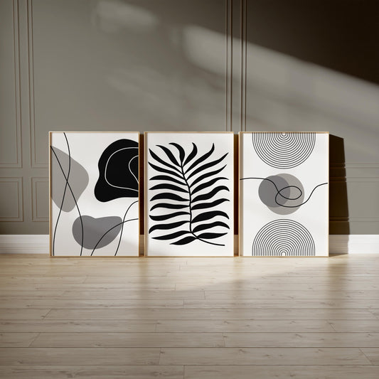 Minimalist Black and White Wall Art Set of 3, Modern Abstract Line Art, Scandinavian Botanical Prints, Neutral Living Room Decor Poster B37