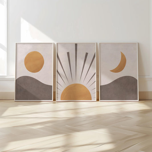 Set of 3 Boho Wall Art Prints, Earth Tone Boho Home Decor, Boho Abstract Geometric Posters, Beige Living Room Art, Sun Mid Century Art B018