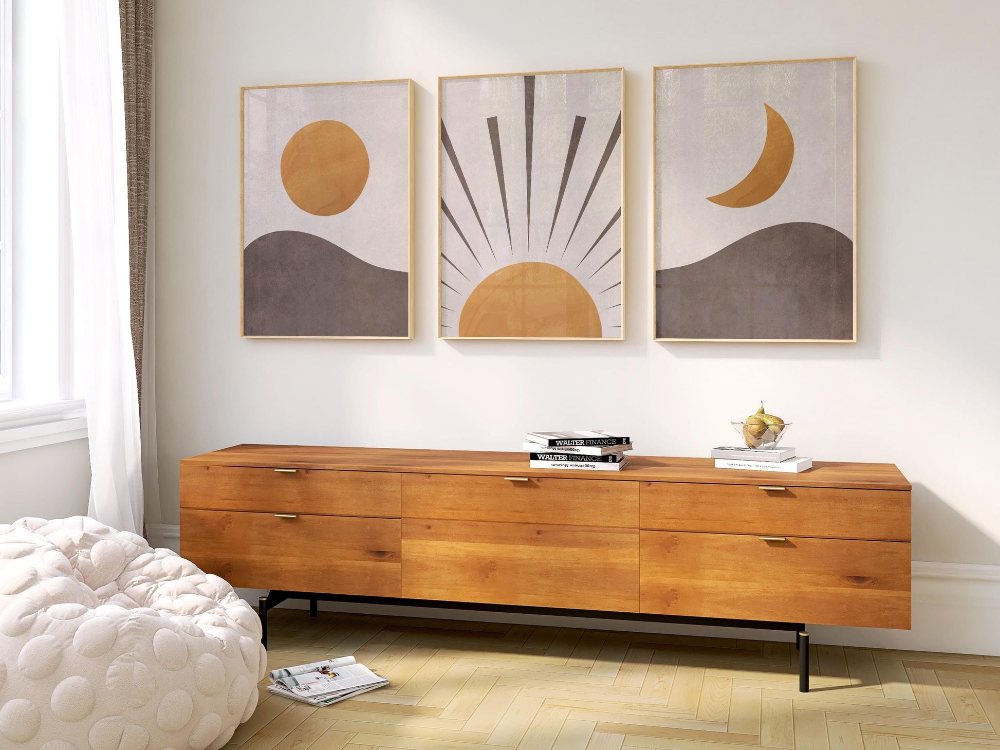 Set of 3 Boho Wall Art Prints, Earth Tone Boho Home Decor, Boho Abstract Geometric Posters, Beige Living Room Art, Sun Mid Century Art B018