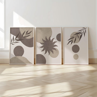 Set of 3 Boho Wall Art Prints, Earth Tone Boho Home Decor, Boho Abstract Geometric Posters, Beige Living Room Art, Sun Mid Century Art B017