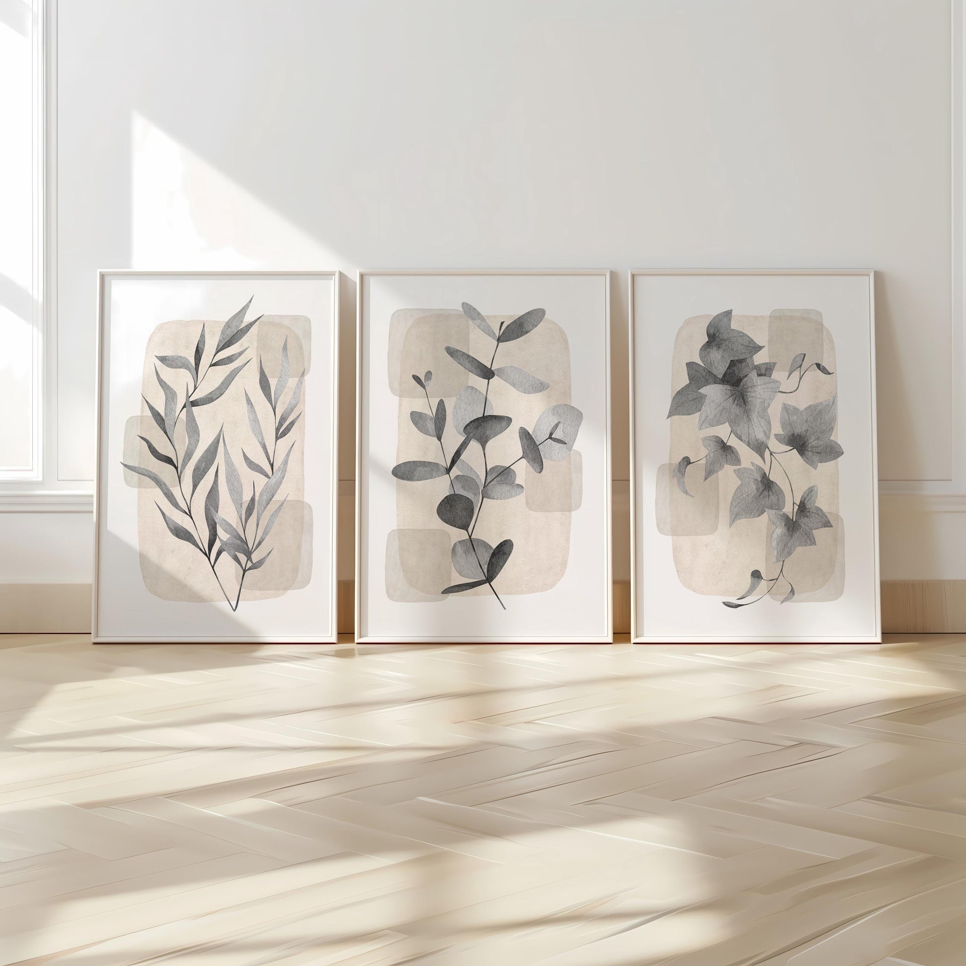 Boho Wall Art Prints, Set of 3, Botanical Wall Poster, Boho Abstract Print, Geometric Wall Decor, Floral Wall Decor, Minimal Gray Beige B28