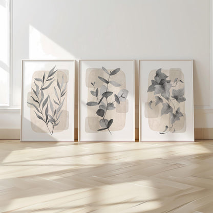 Boho Wall Art Prints, Set of 3, Botanical Wall Poster, Boho Abstract Print, Geometric Wall Decor, Floral Wall Decor, Minimal Gray Beige B28
