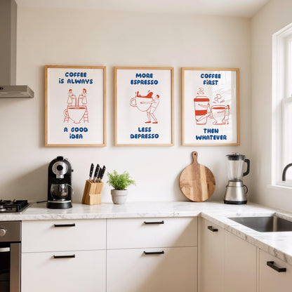 Funny Coffee Quote Poster Set – Espresso, Cafe Wall Art Trio (3 Prints) D135