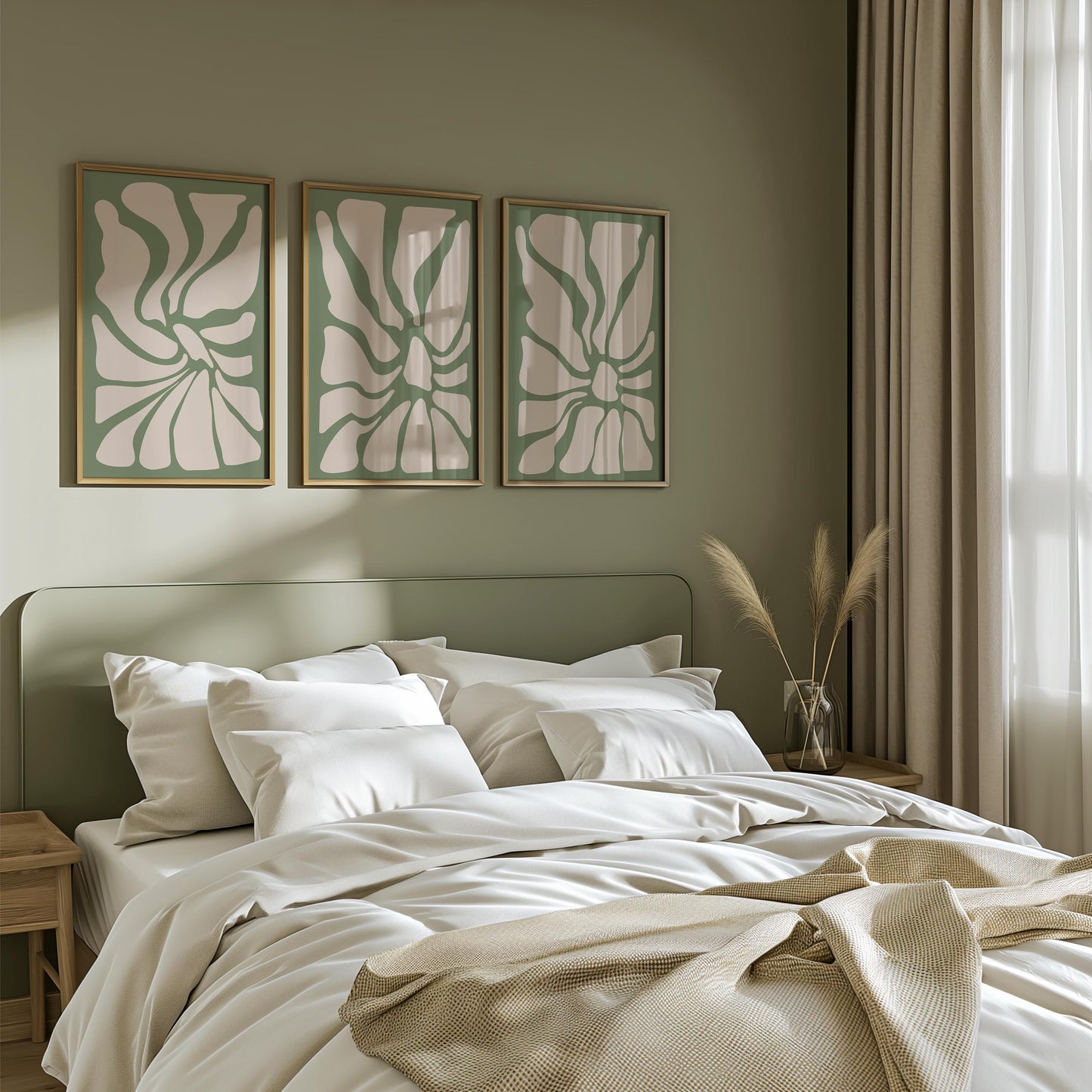 Sage Green Botanical Abstract Prints – Set of 3 Minimalist Wall Art B40